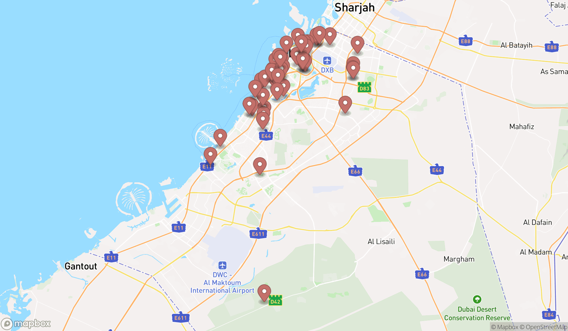 Map showing the search results in Dubai