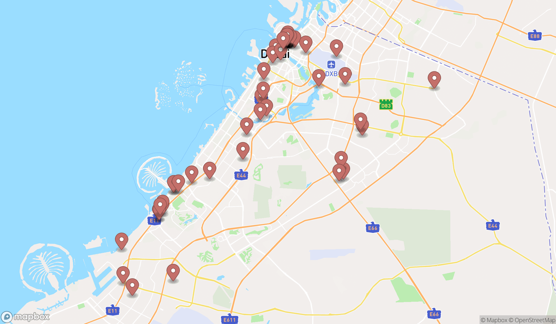 Map showing the search results in Dubai