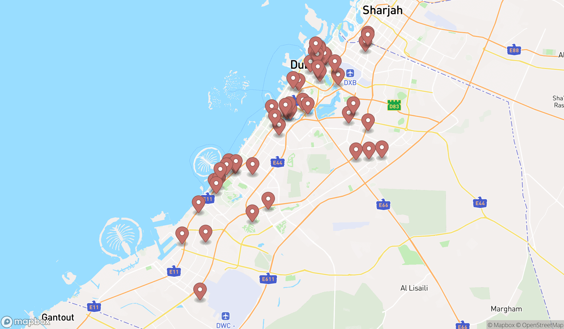 Map showing the search results in Dubai
