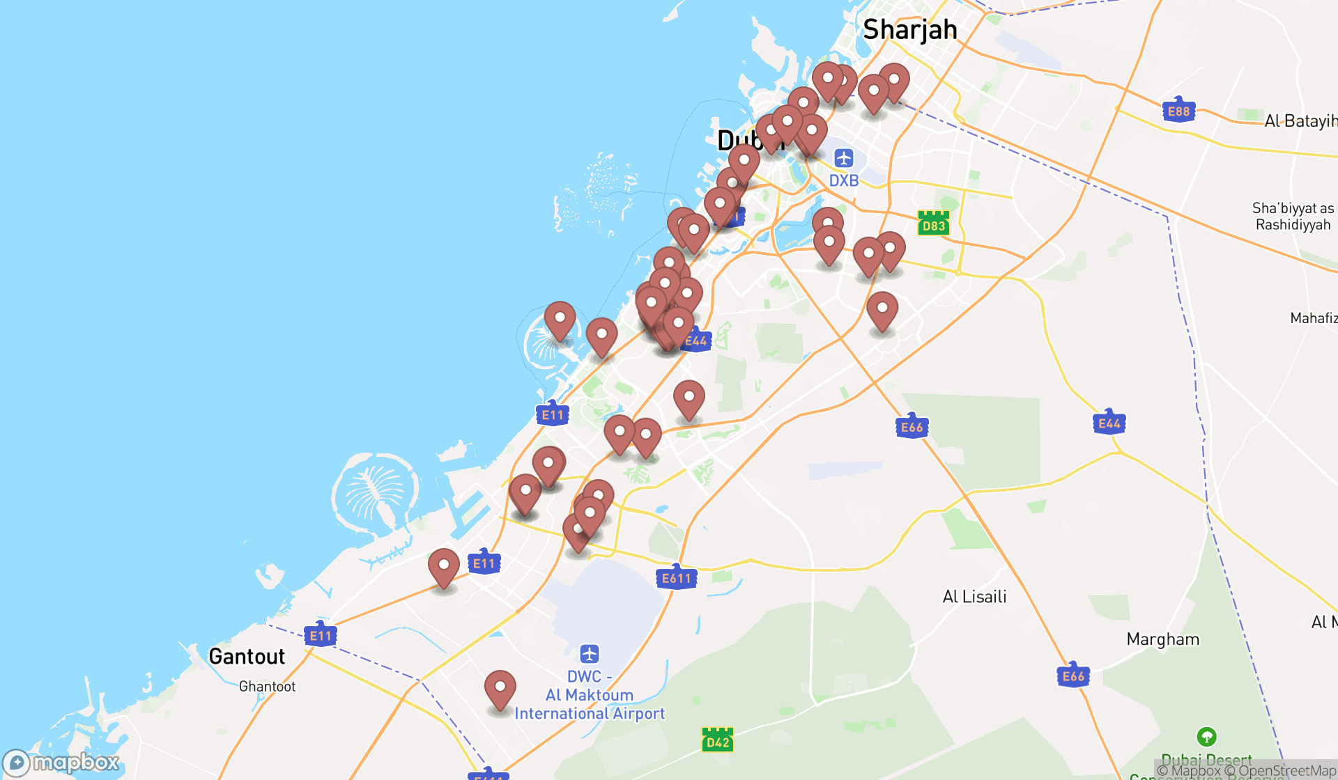 Map showing the search results in Dubai