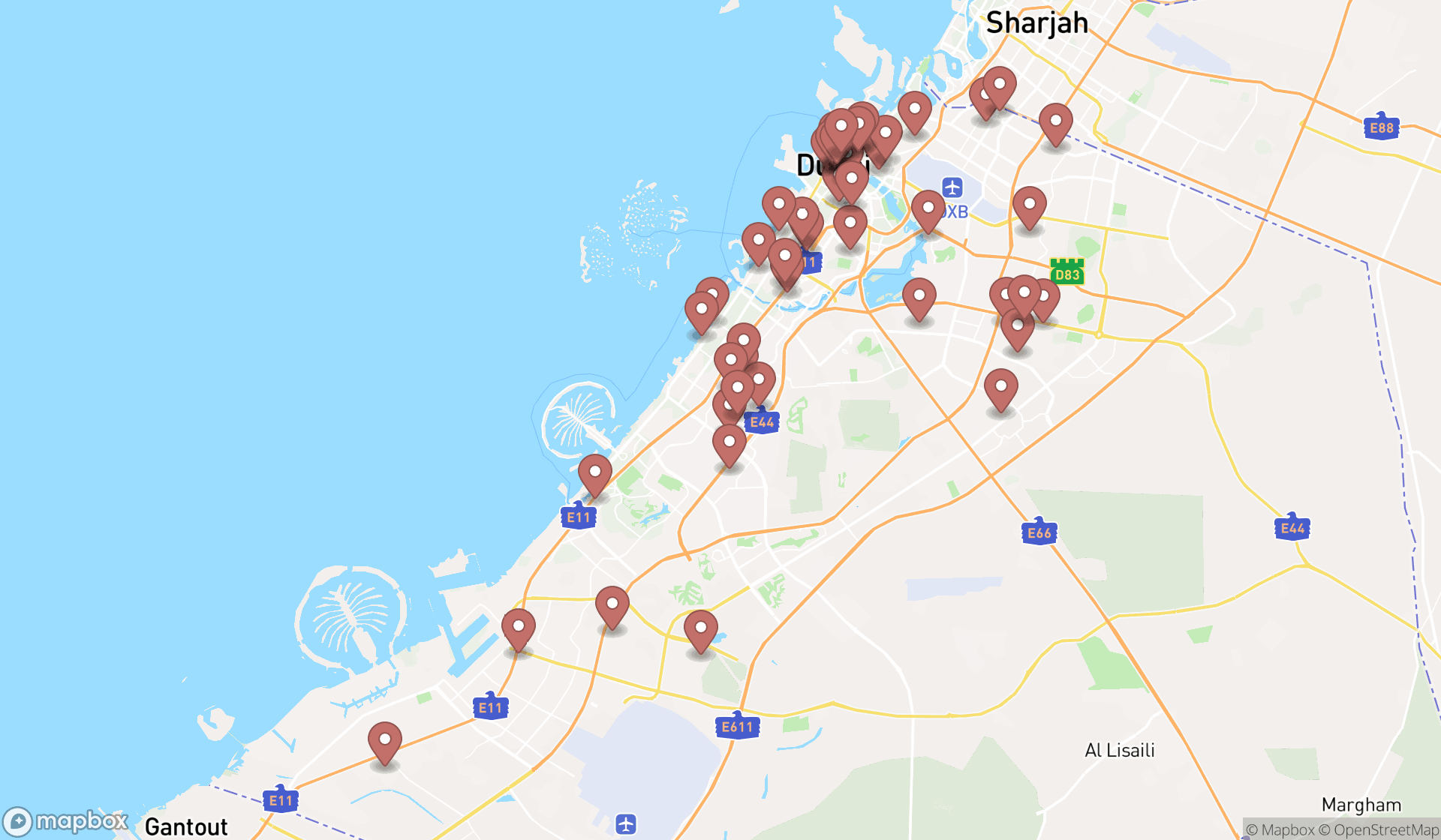Map showing the search results in Dubai