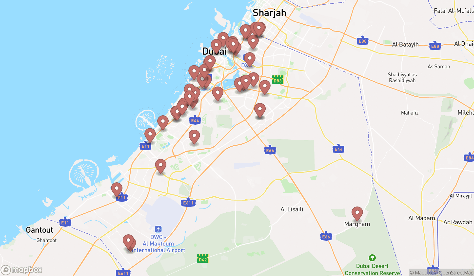 Map showing the search results in Dubai