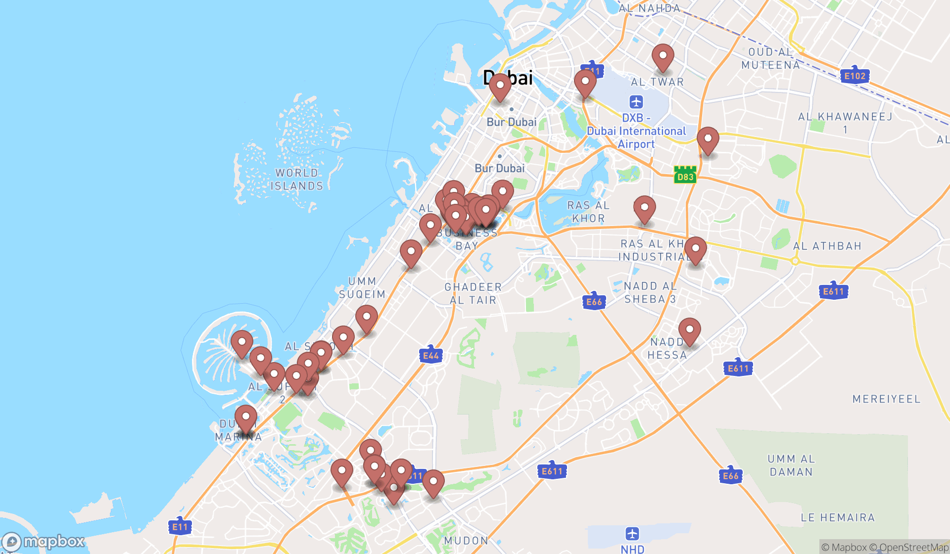 Map showing the search results in Dubai