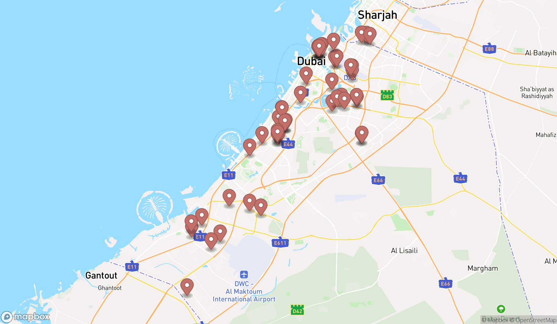 Map showing the search results in Dubai