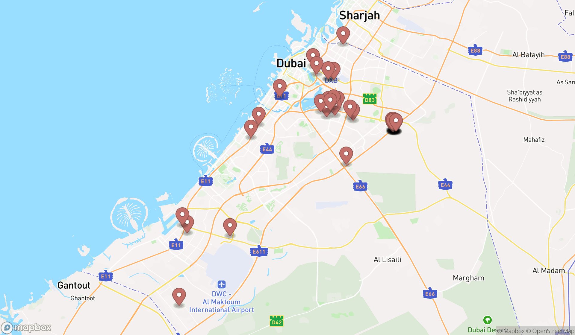 Map showing the search results in Dubai
