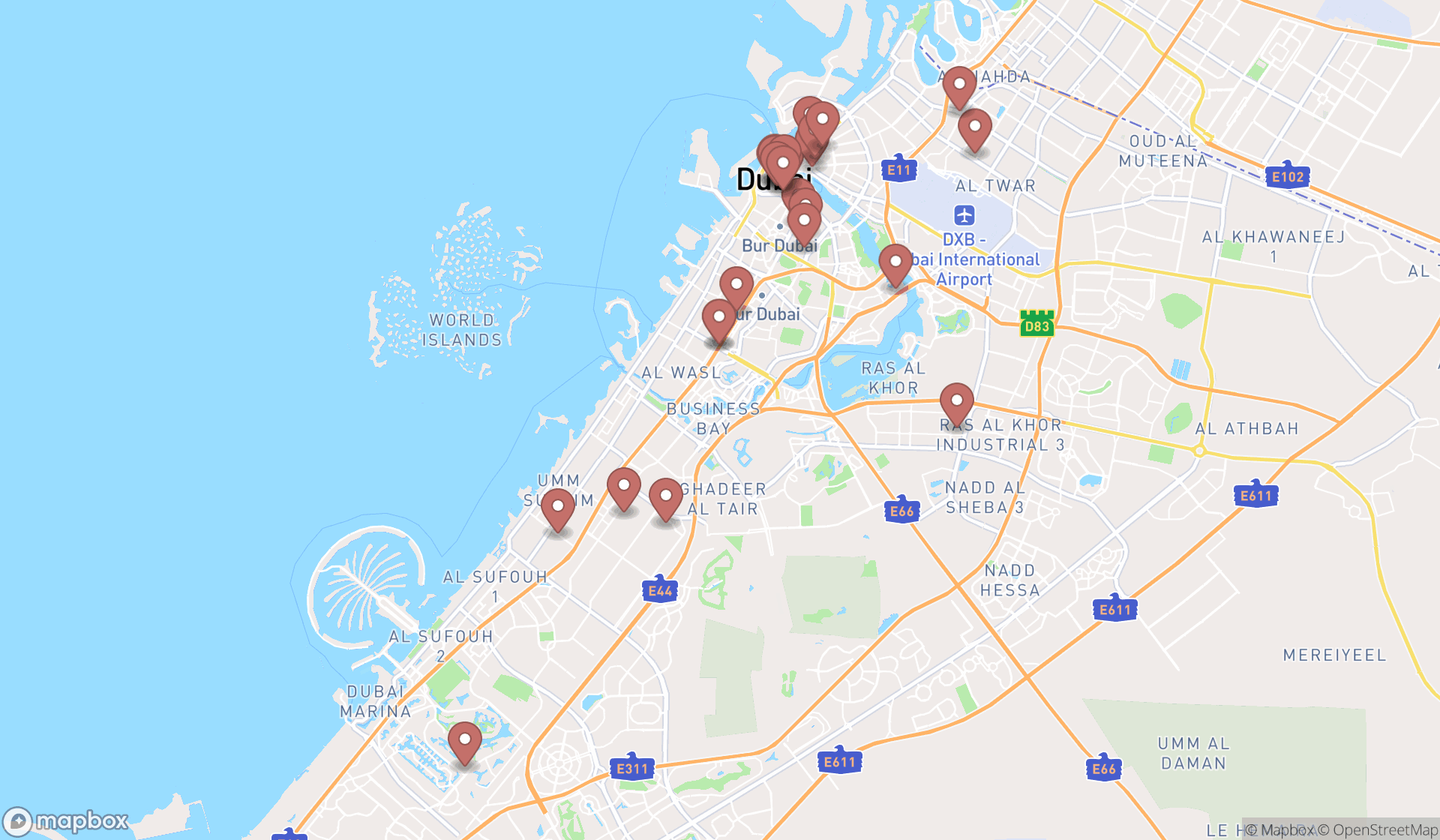 Map showing the search results in Dubai