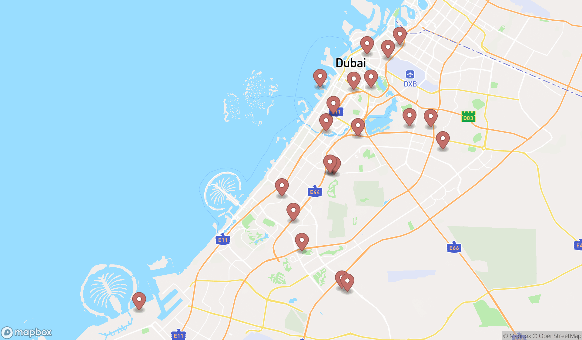 Map showing the search results in Dubai