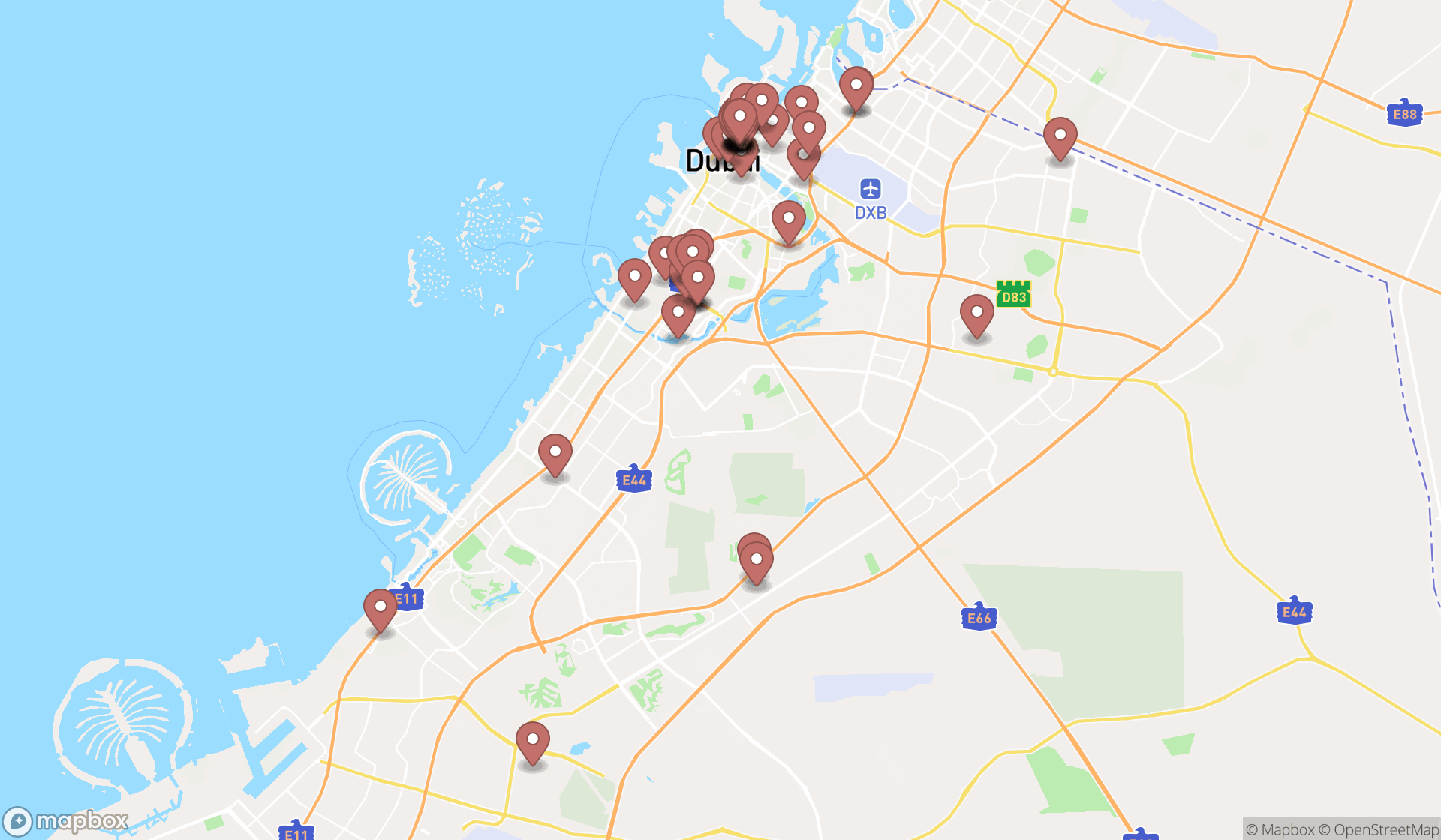 Map showing the search results in Dubai