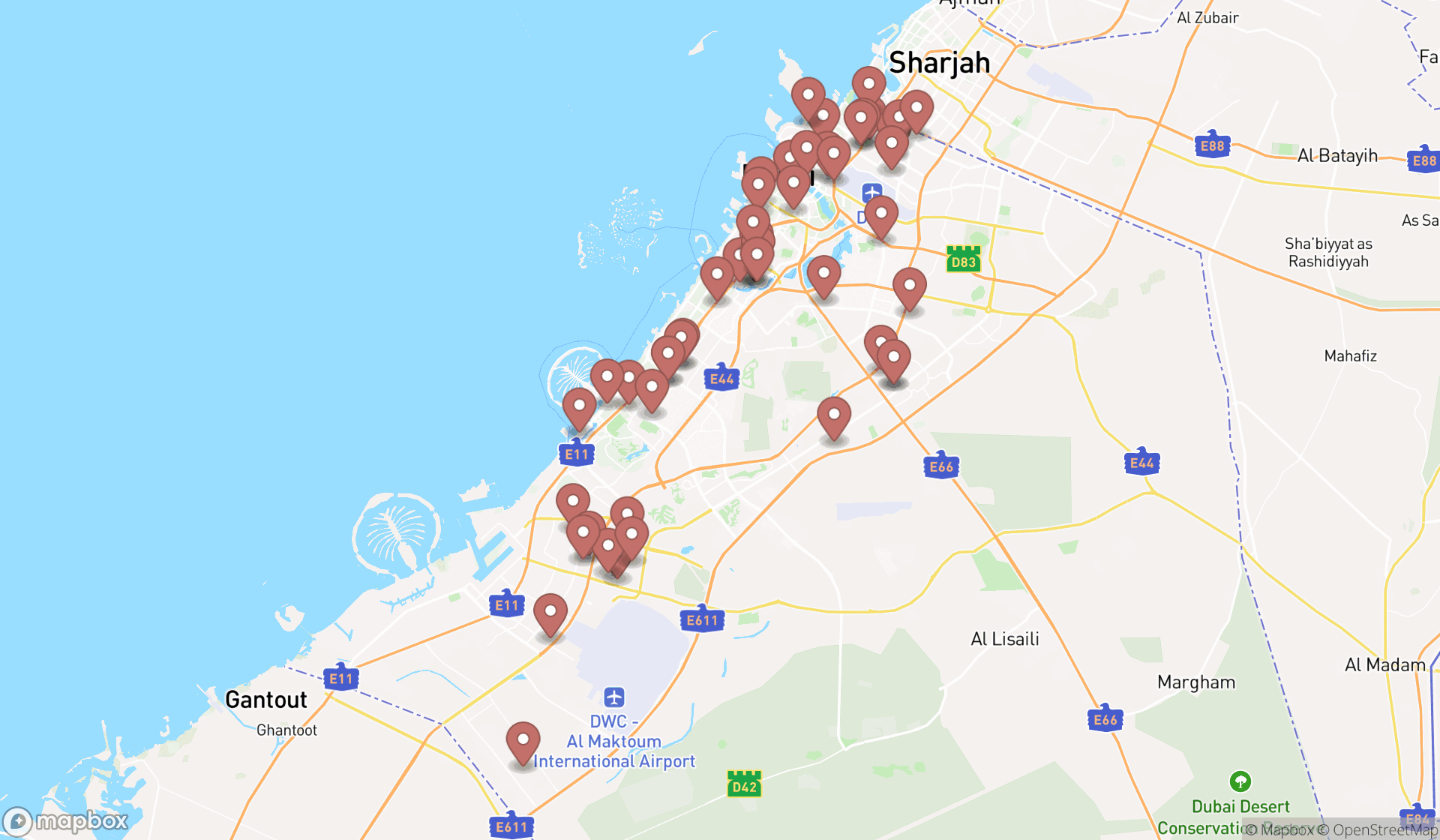 Map showing the search results in Dubai