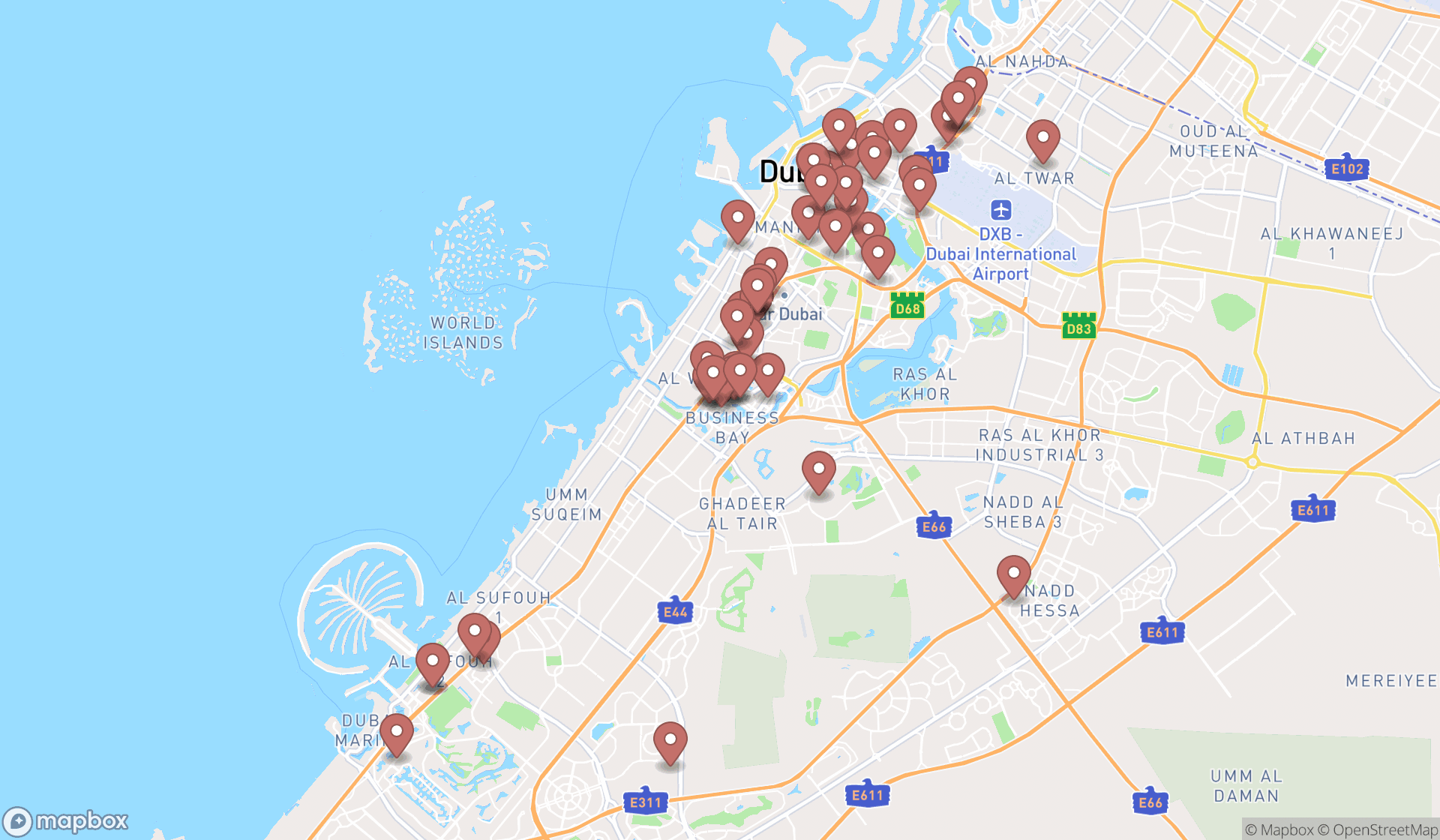 Map showing the search results in Dubai