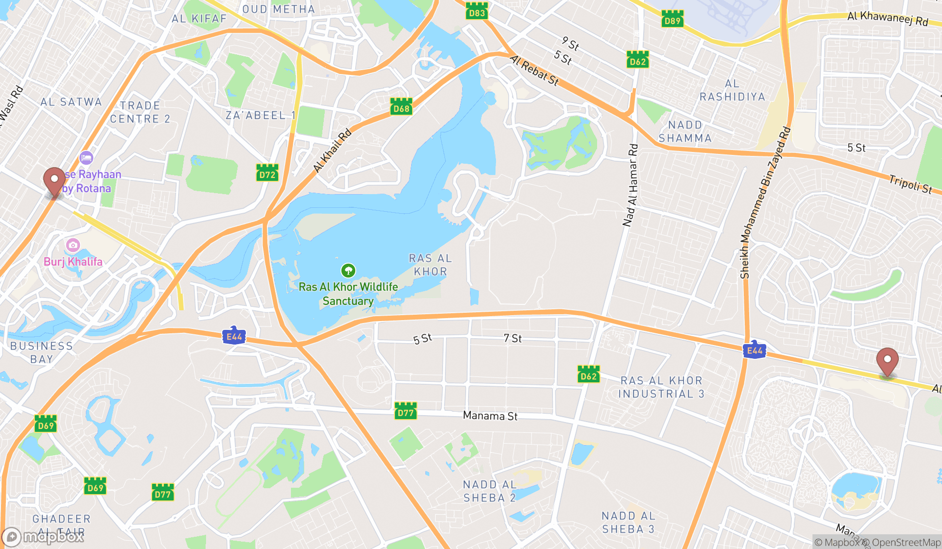Map showing the search results in Dubai