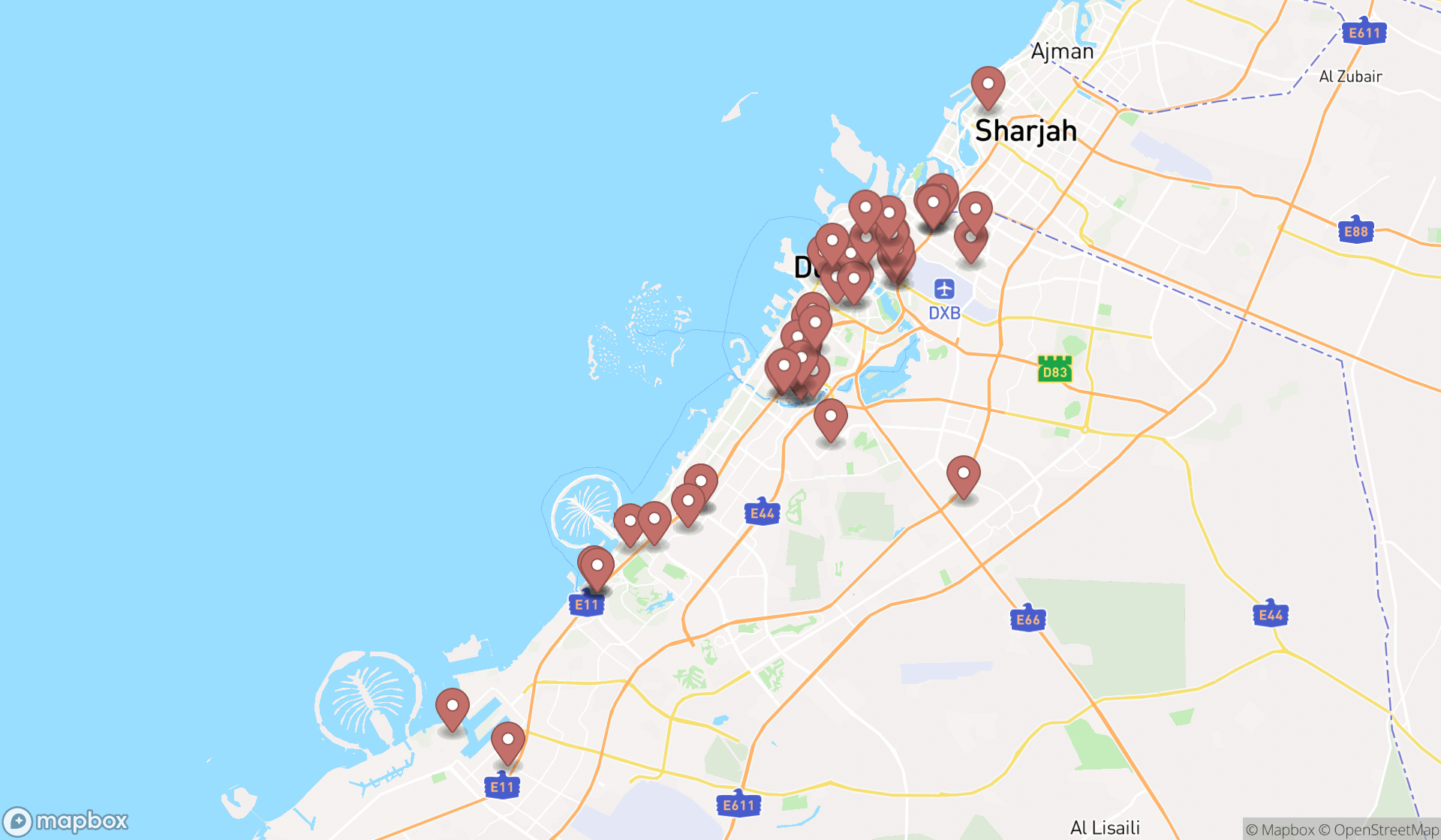 Map showing the search results in Dubai