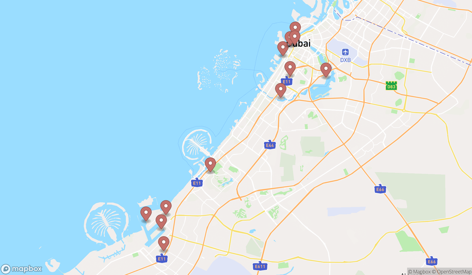 Map showing the search results in Dubai
