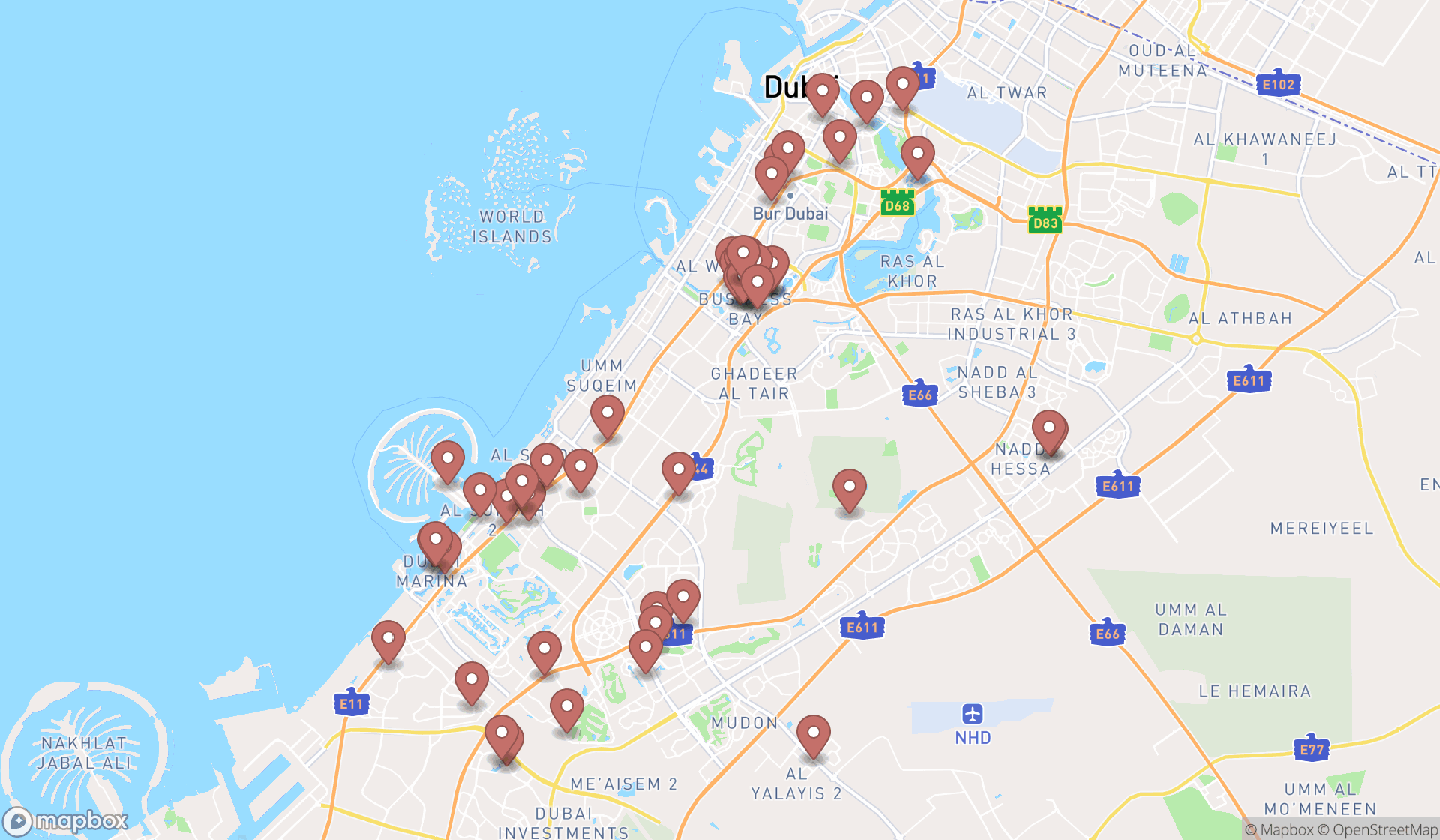Map showing the search results in Dubai