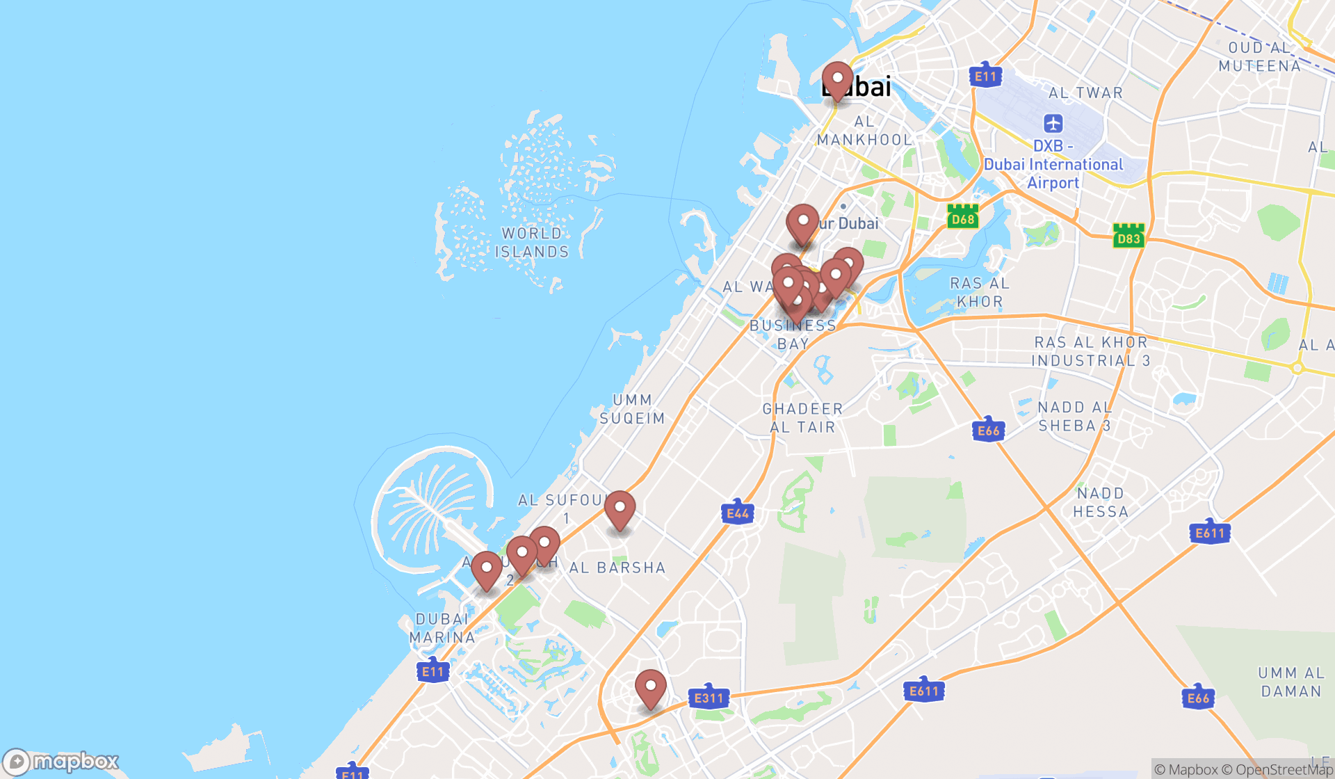 Map showing the search results in Dubai