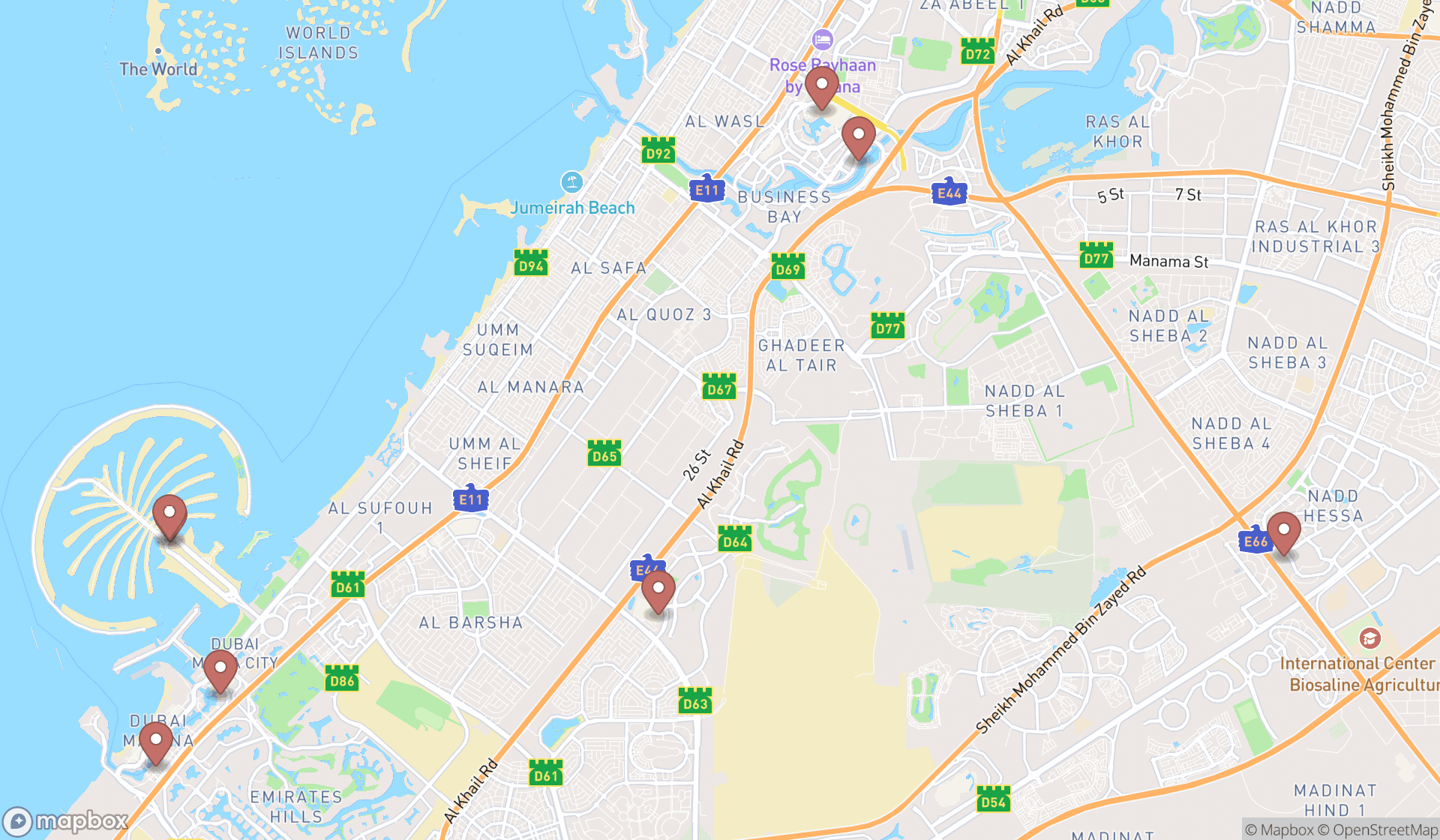 Map showing the search results in Dubai
