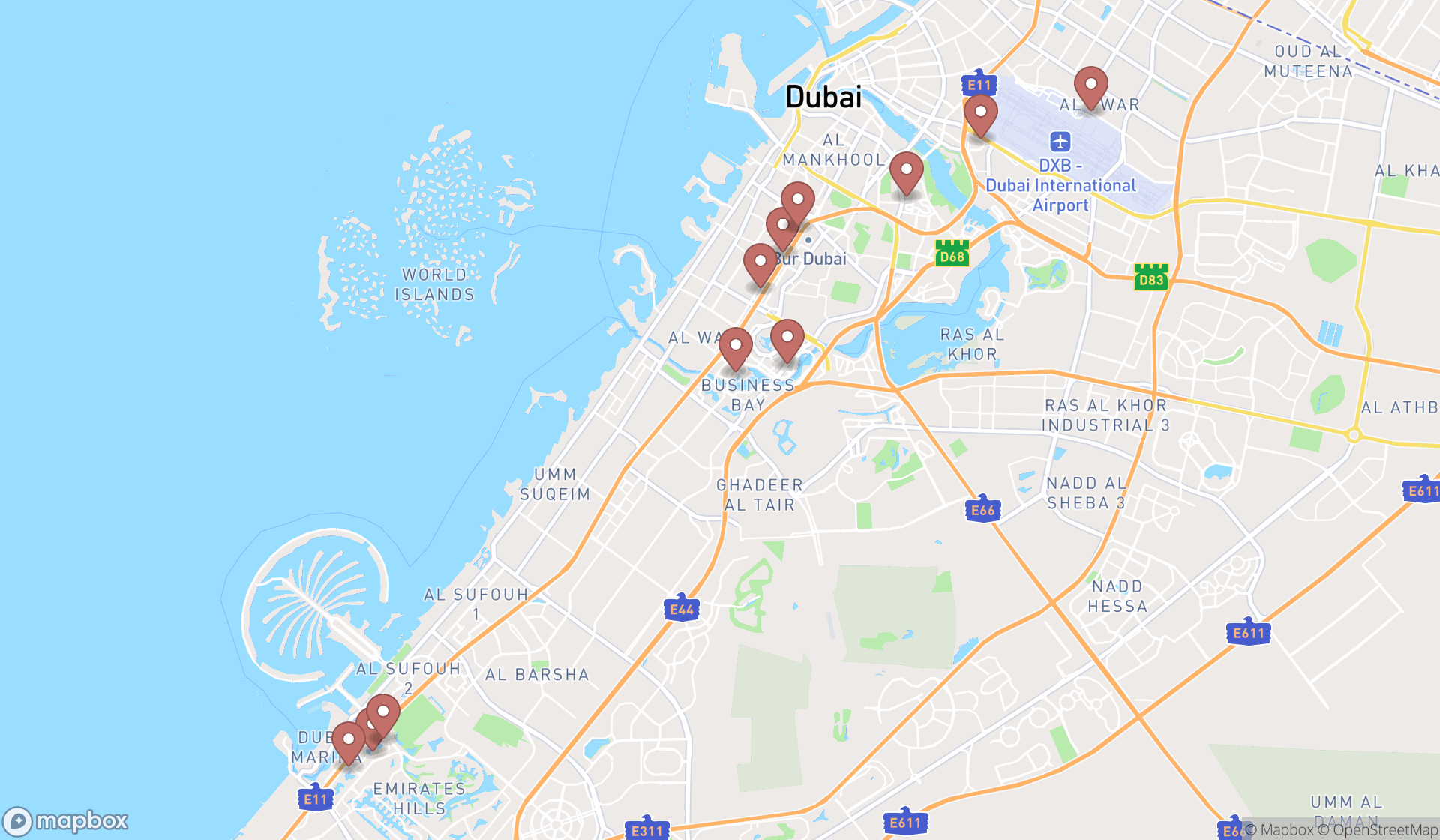 Map showing the search results in Dubai