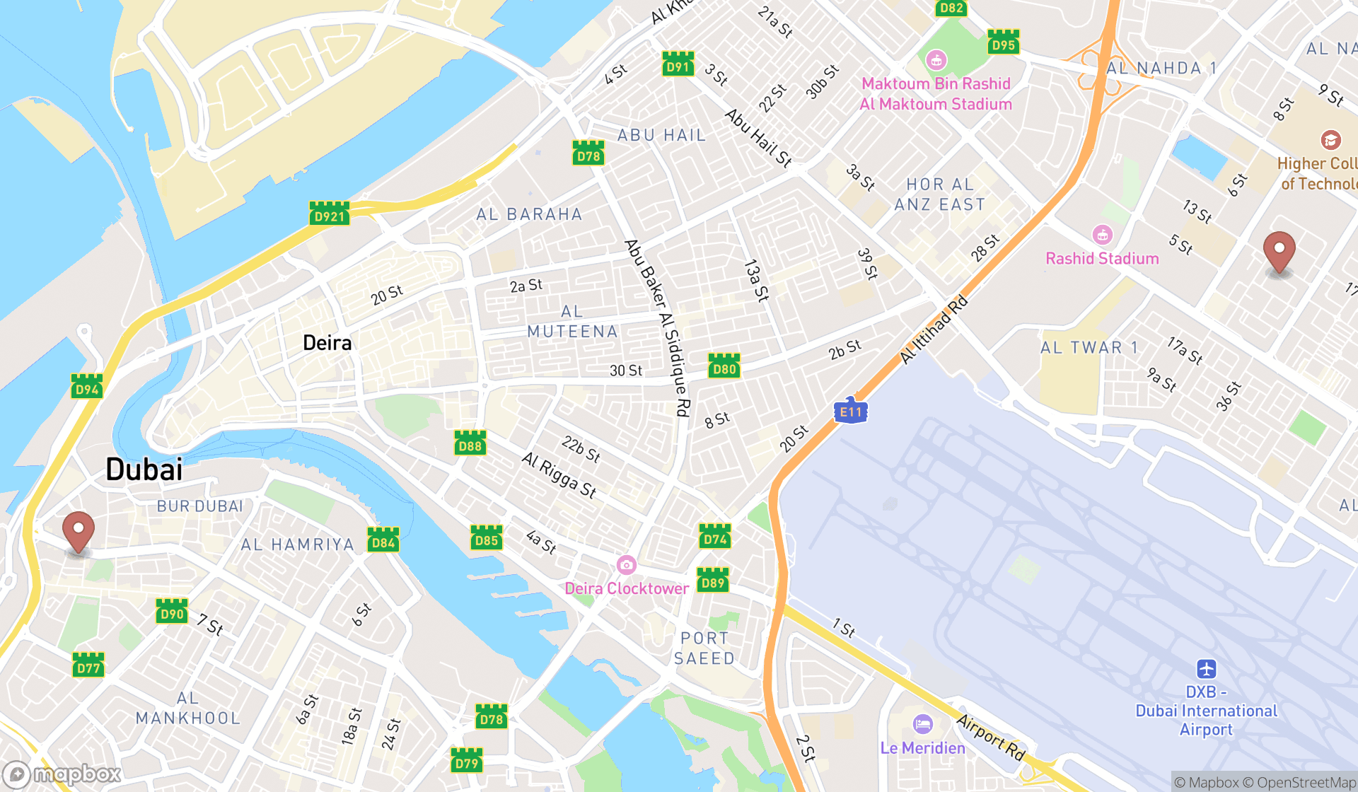 Map showing the search results in Dubai