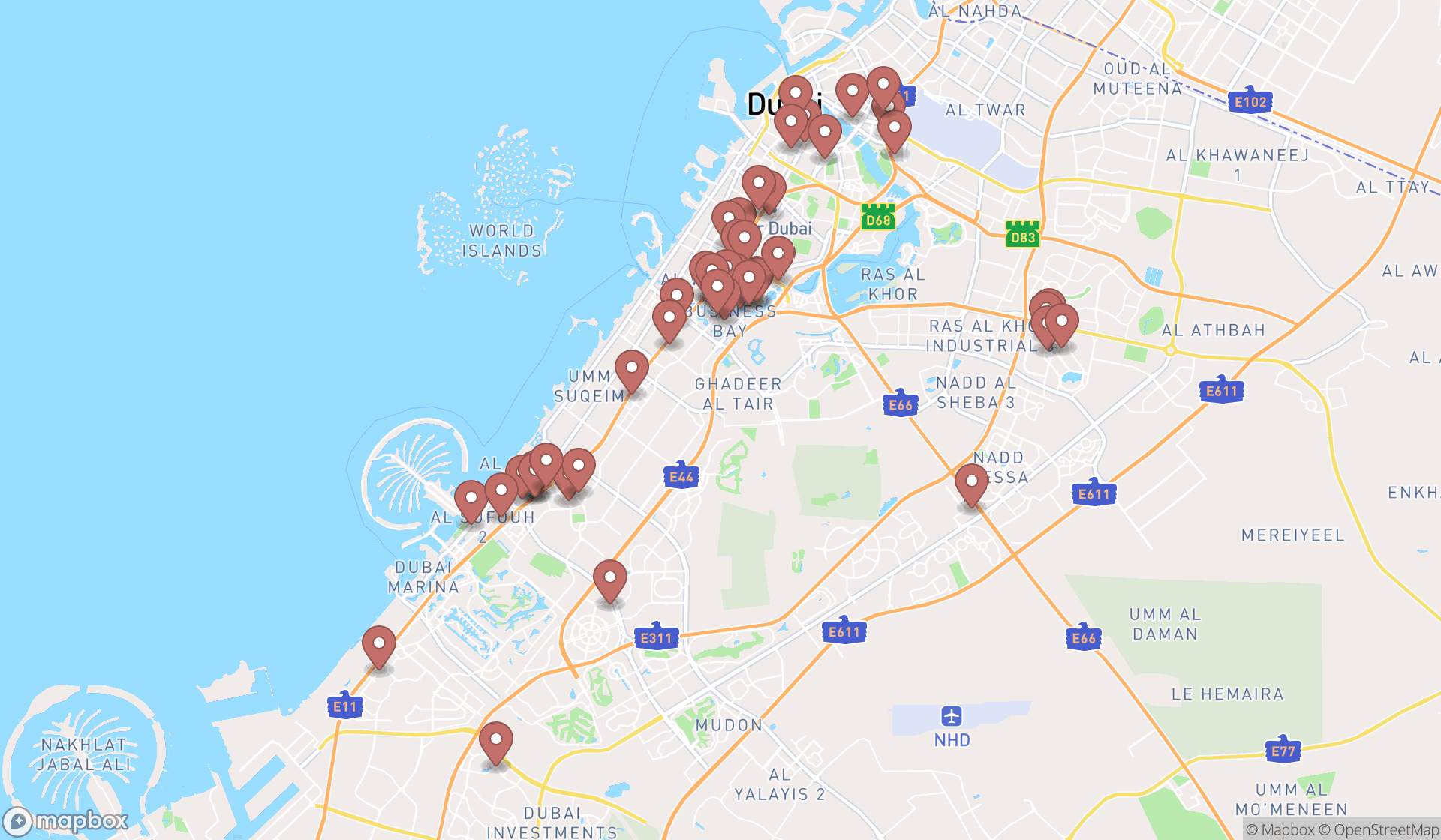 Map showing the search results in Dubai