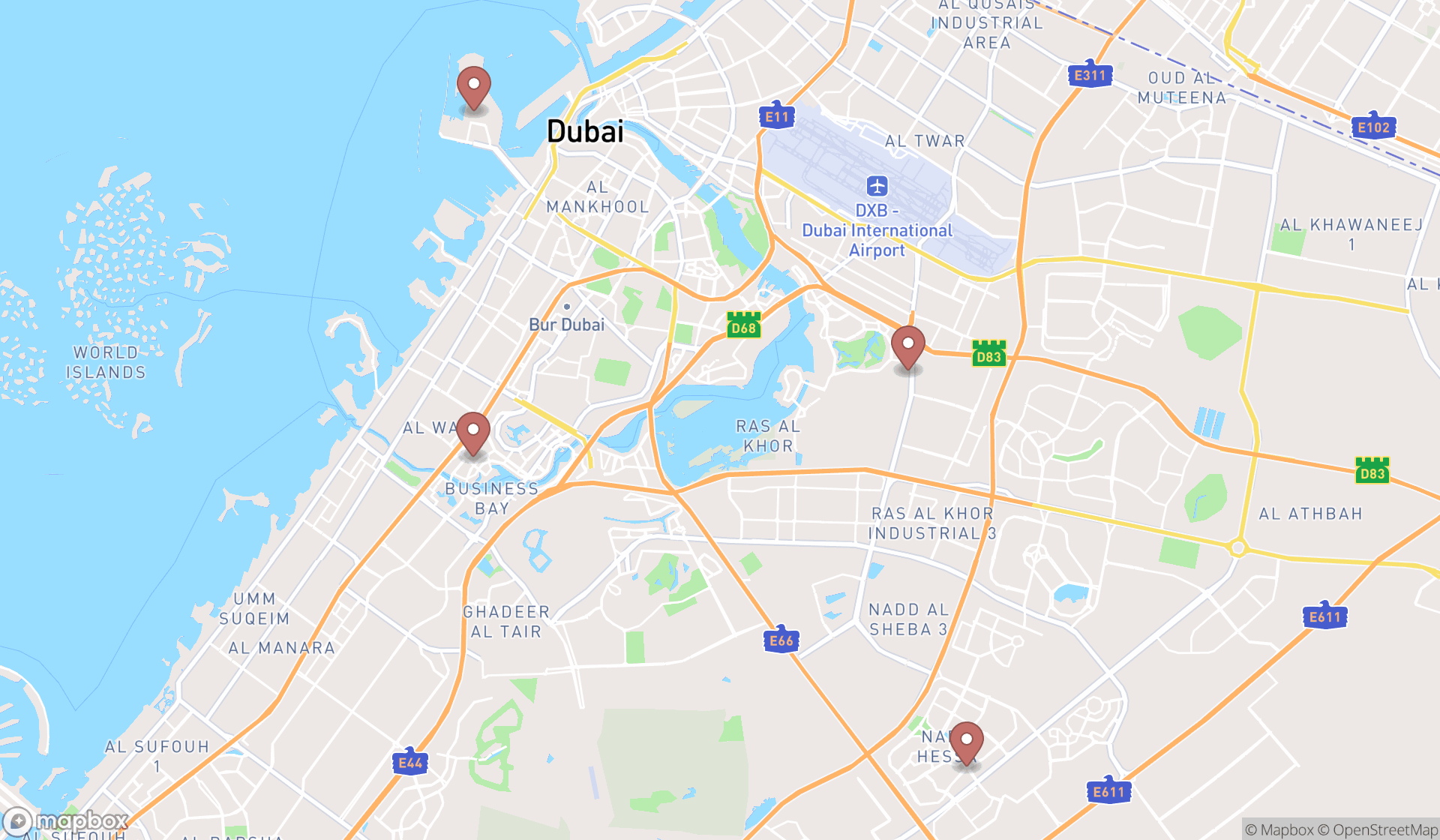 Map showing the search results in Dubai
