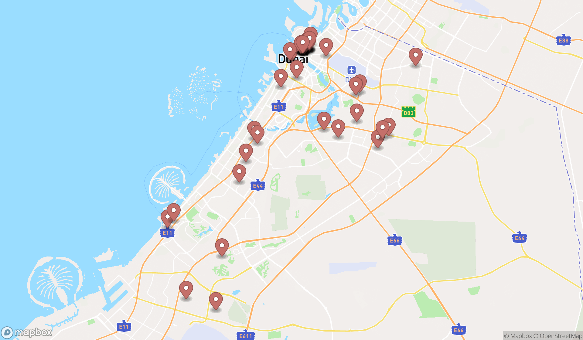 Map showing the search results in Dubai
