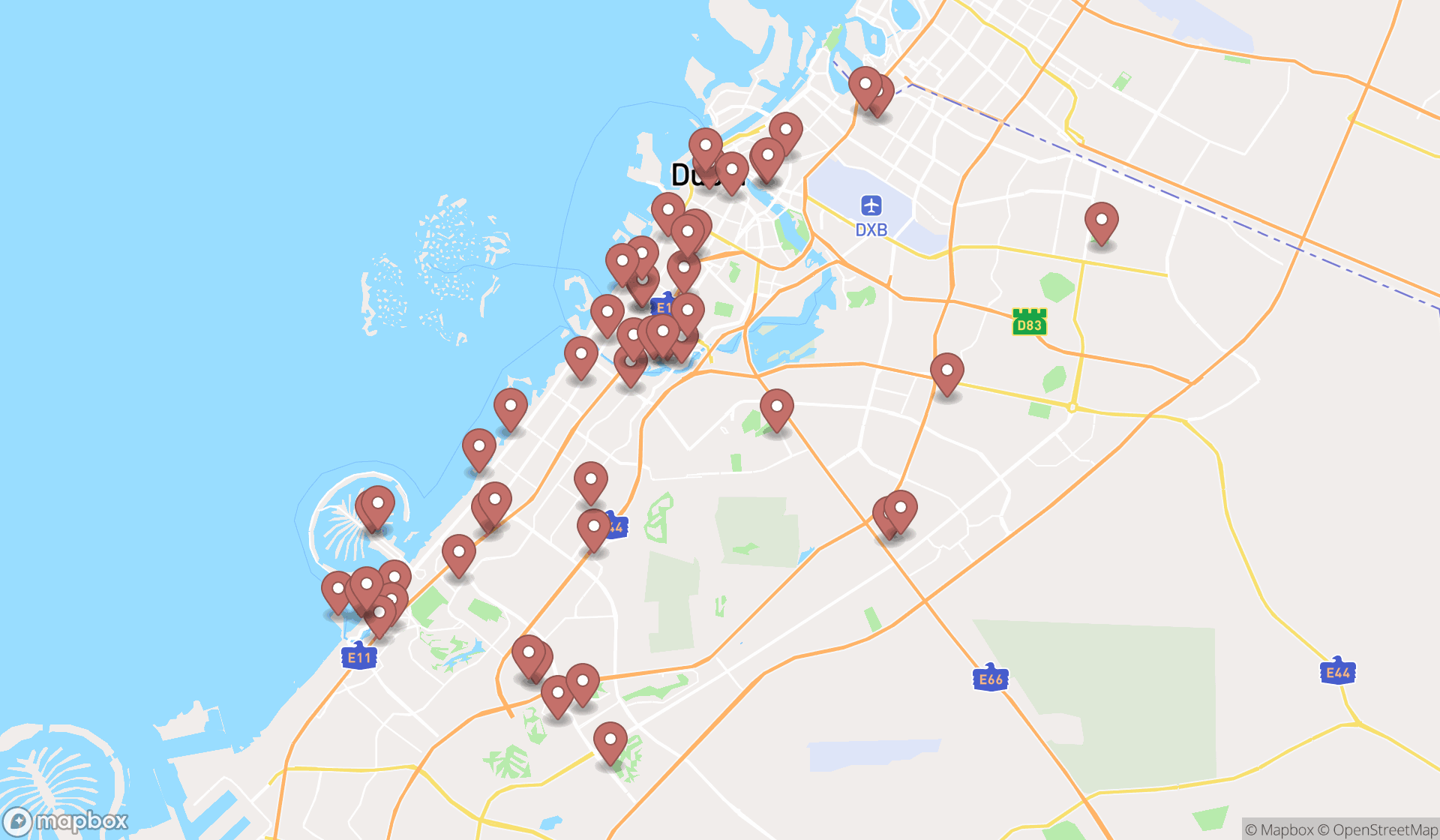 Map showing the search results in Dubai