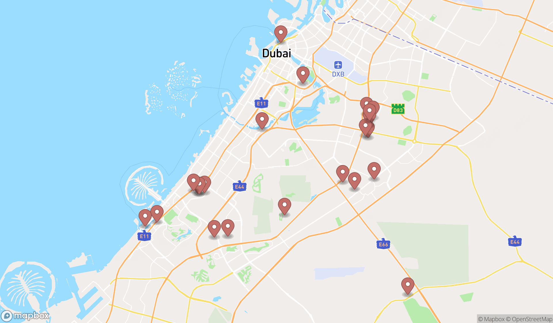 Map showing the search results in Dubai