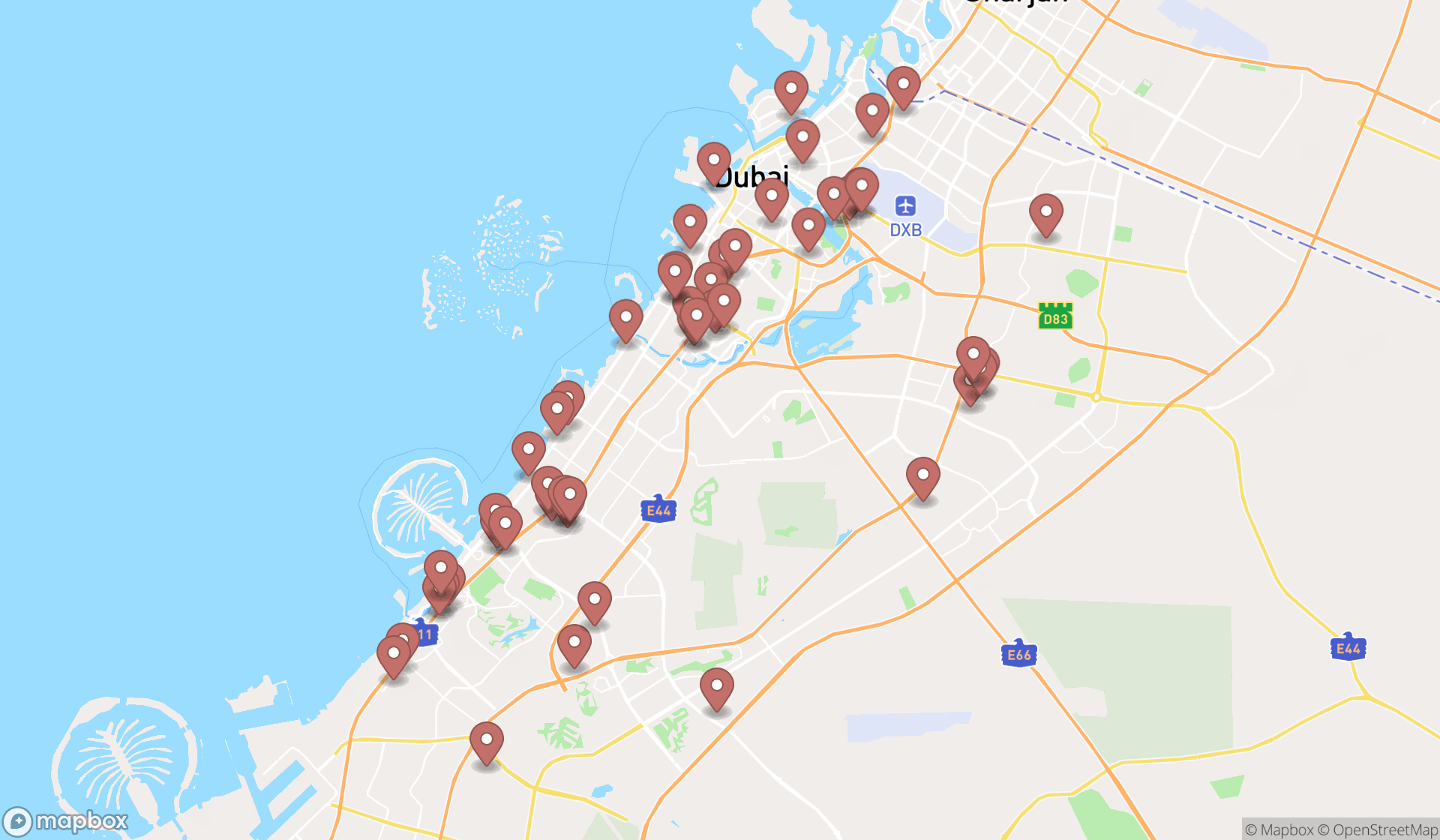 Map showing the search results in Dubai