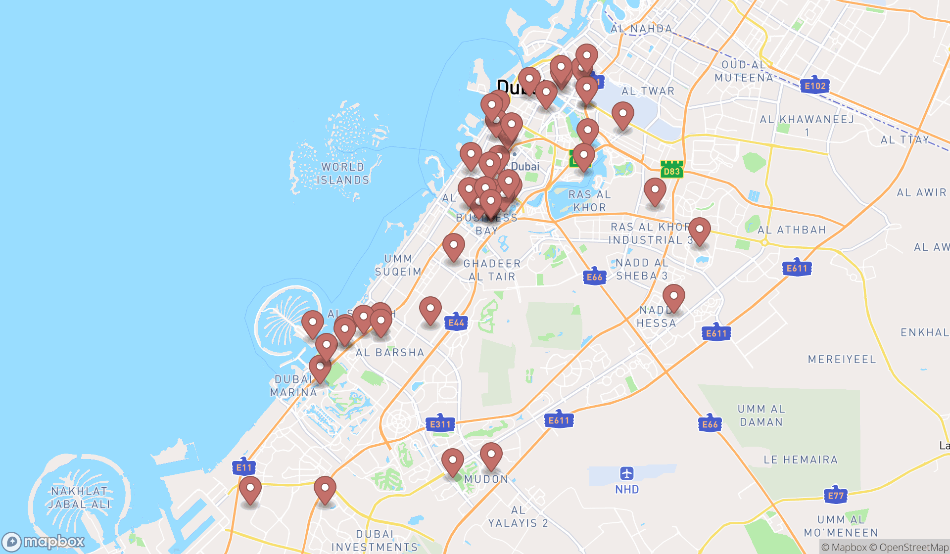 Map showing the search results in Dubai