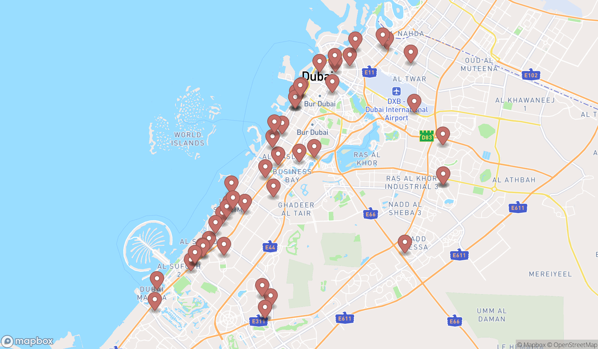 Map showing the search results in Dubai