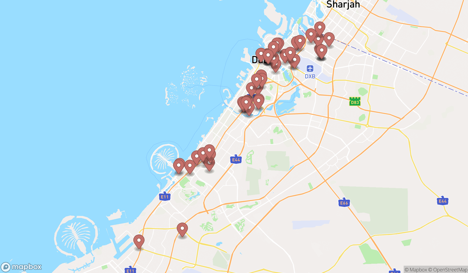 Map showing the search results in Dubai