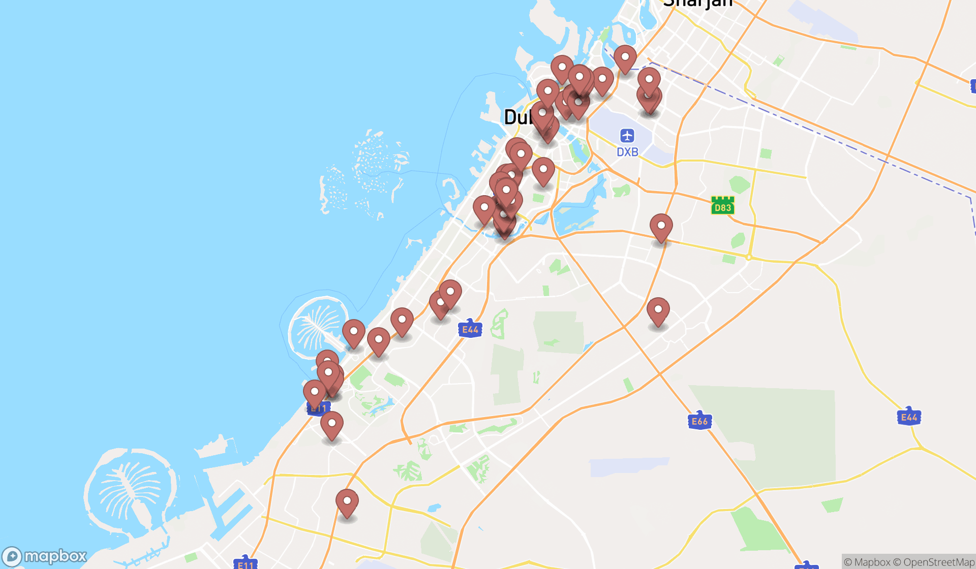 Map showing the search results in Dubai
