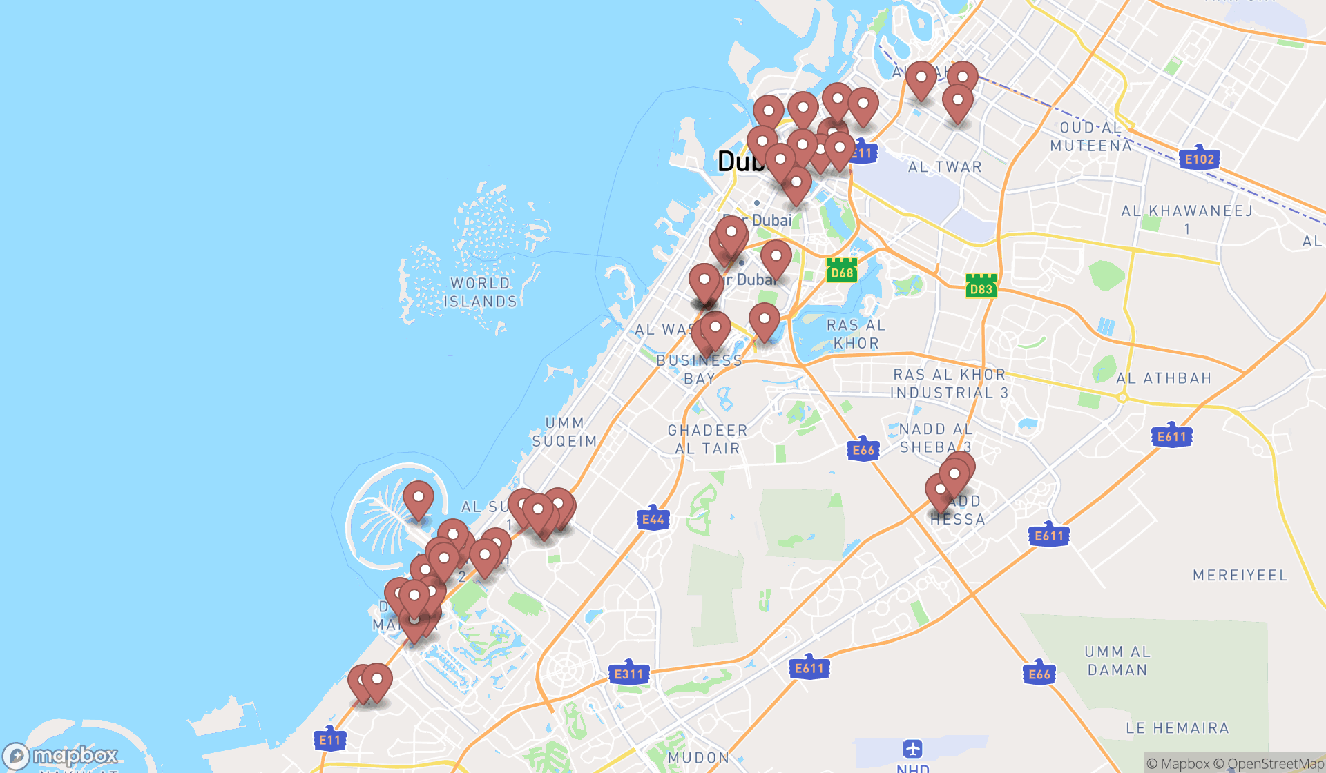 Map showing the search results in Dubai