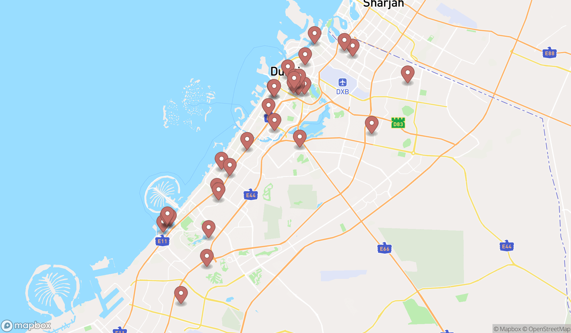 Map showing the search results in Dubai