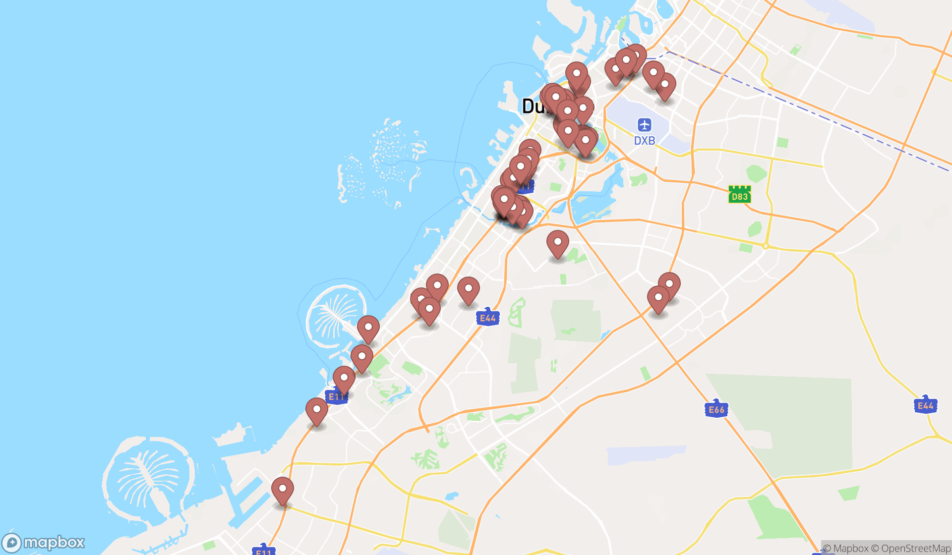Map showing the search results in Dubai