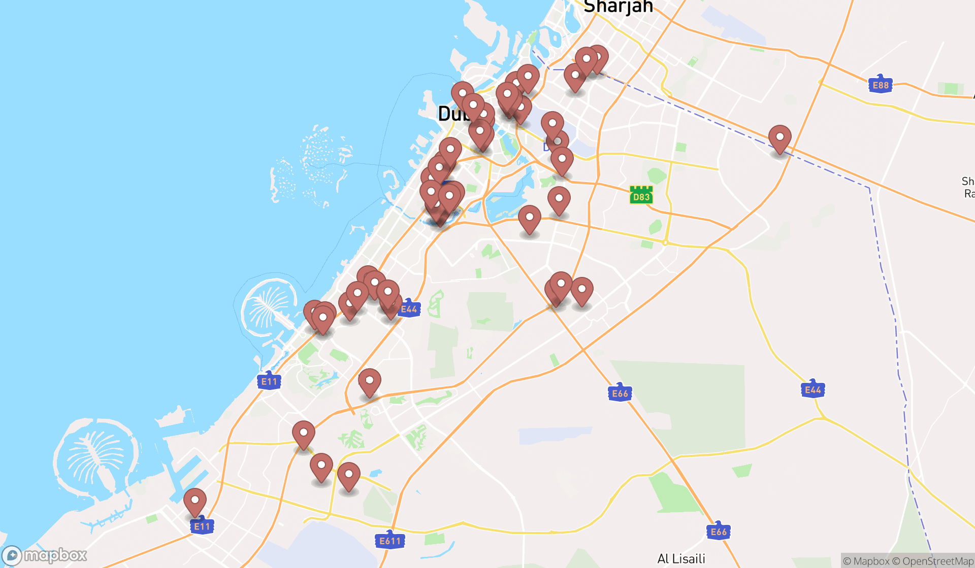 Map showing the search results in Dubai