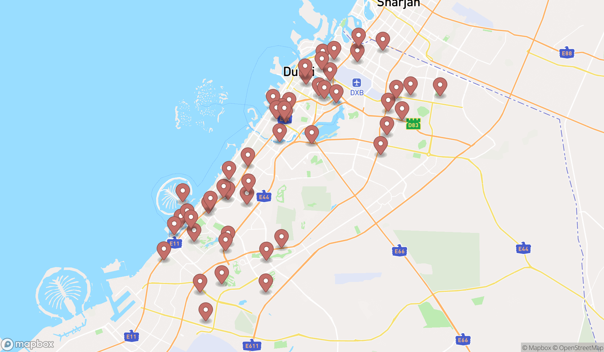 Map showing the search results in Dubai