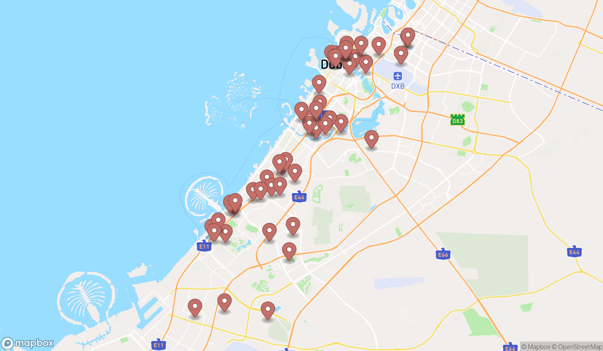 Map showing the search results in Dubai