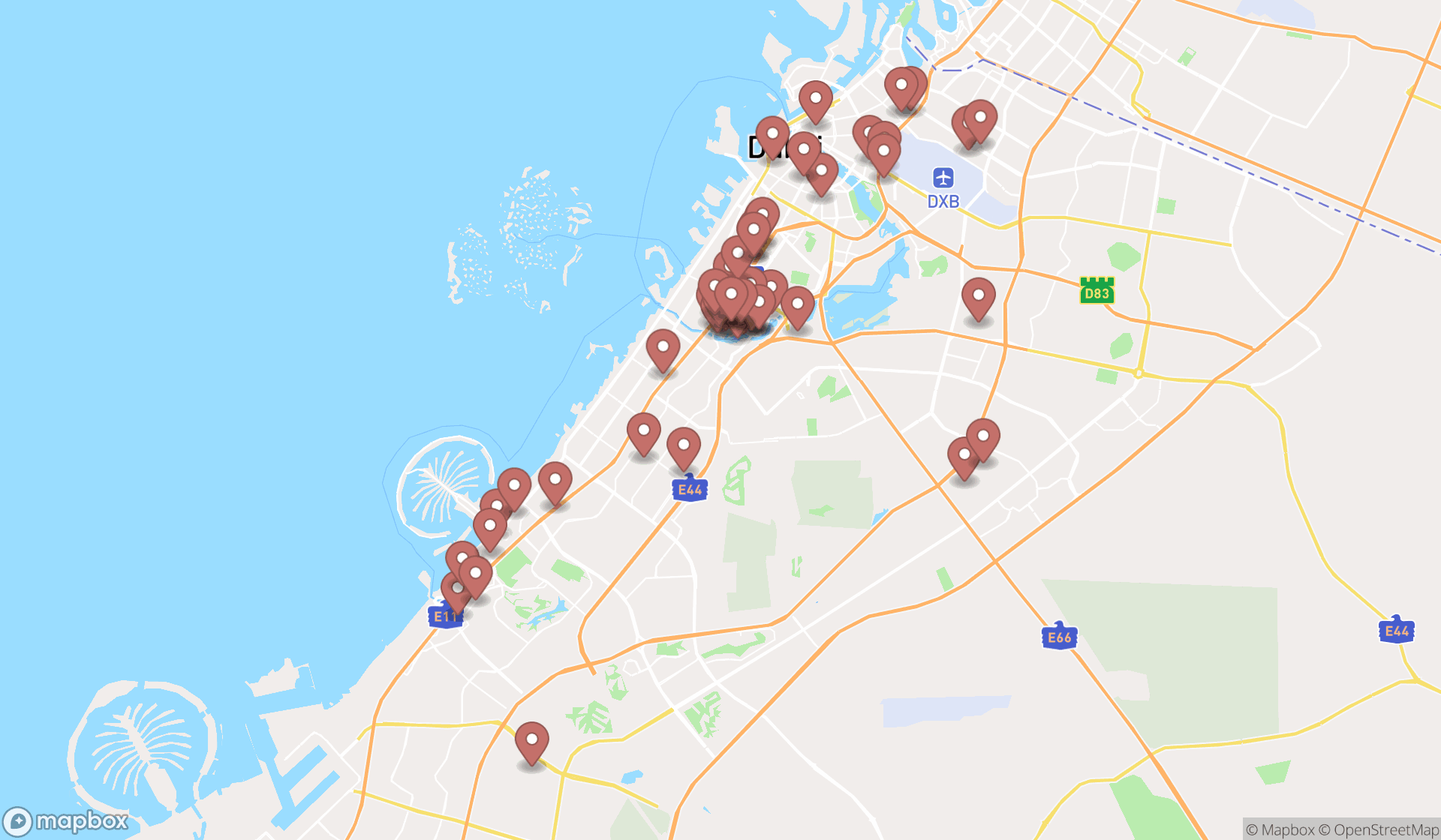 Map showing the search results in Dubai