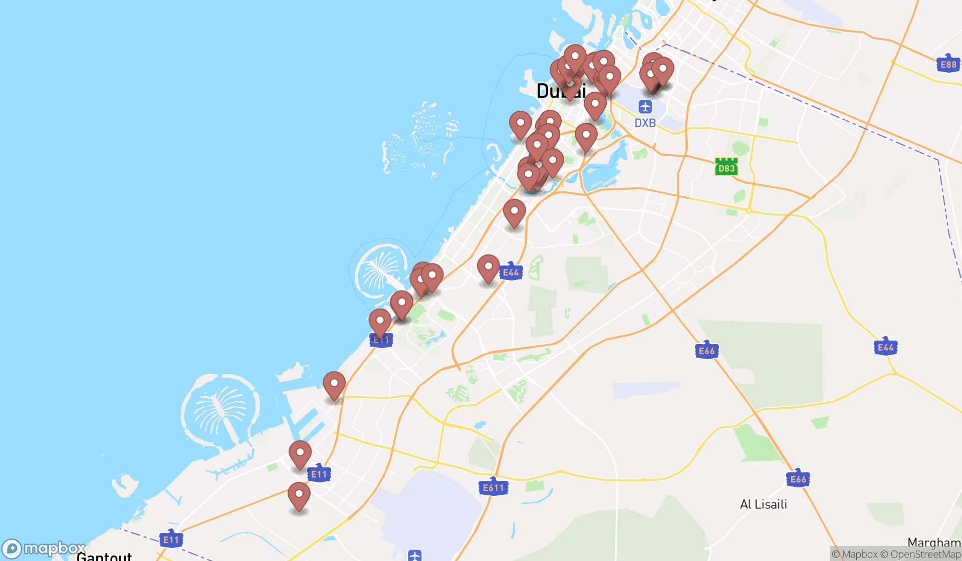Map showing the search results in Dubai