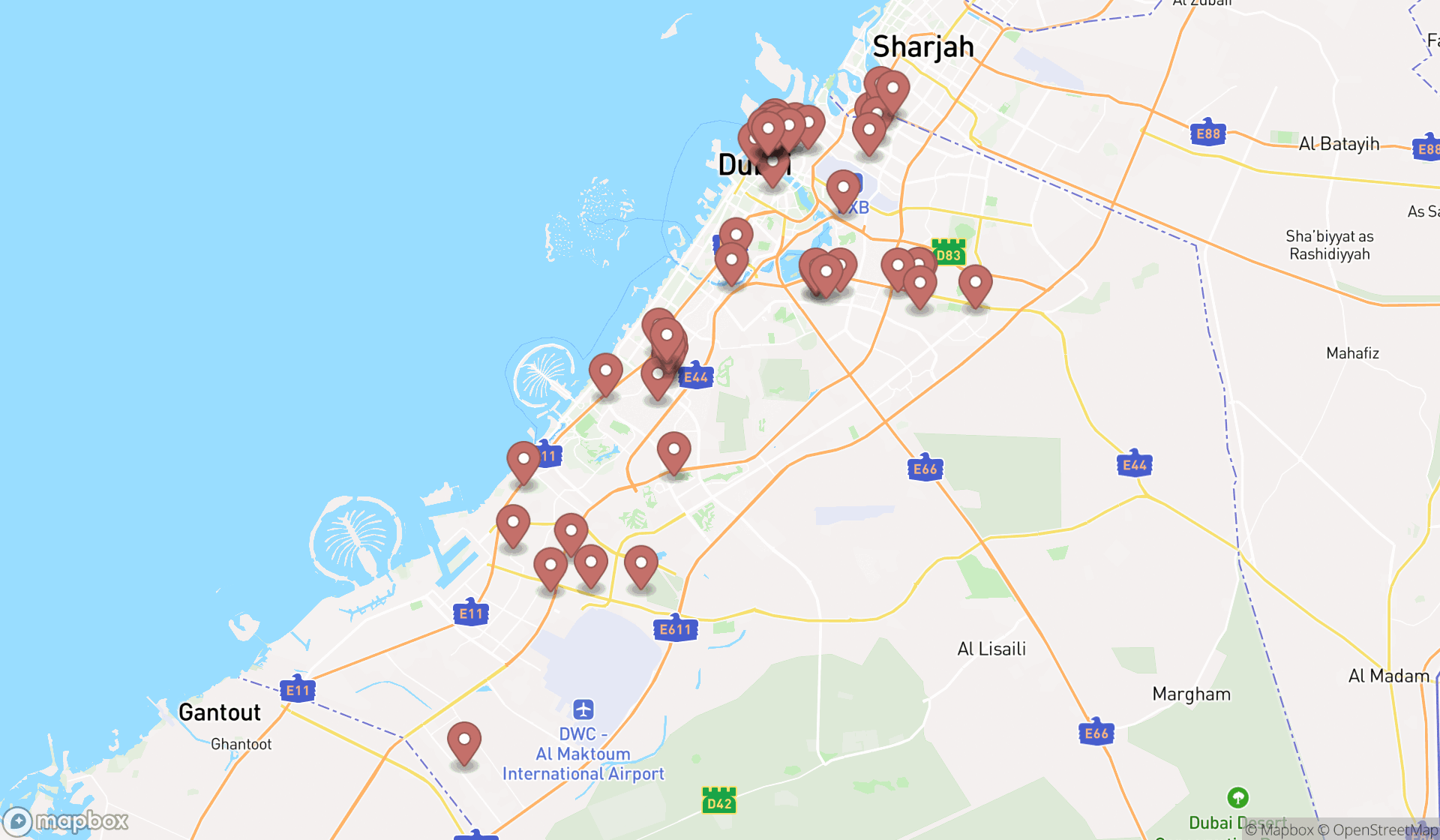 Map showing the search results in Dubai