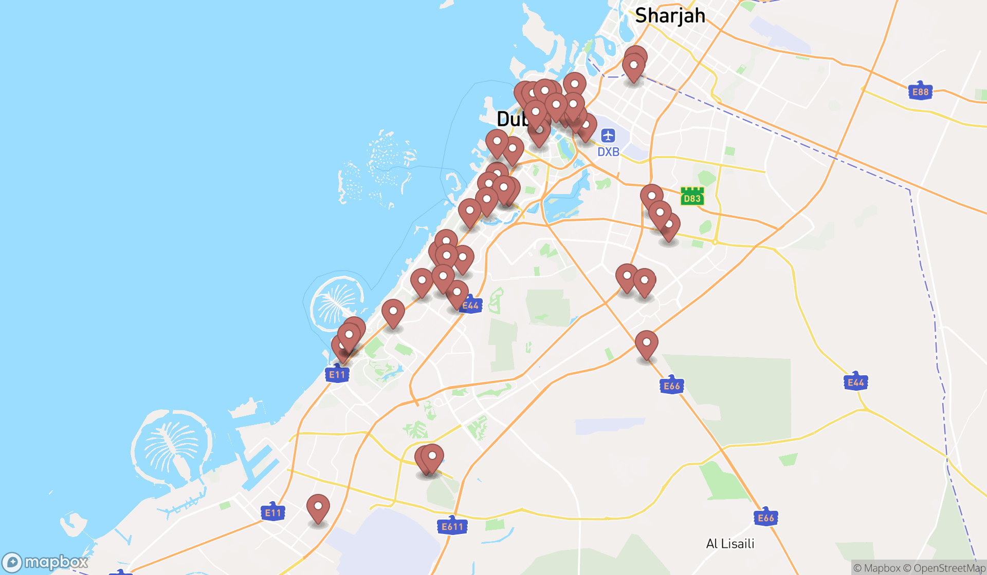 Map showing the search results in Dubai