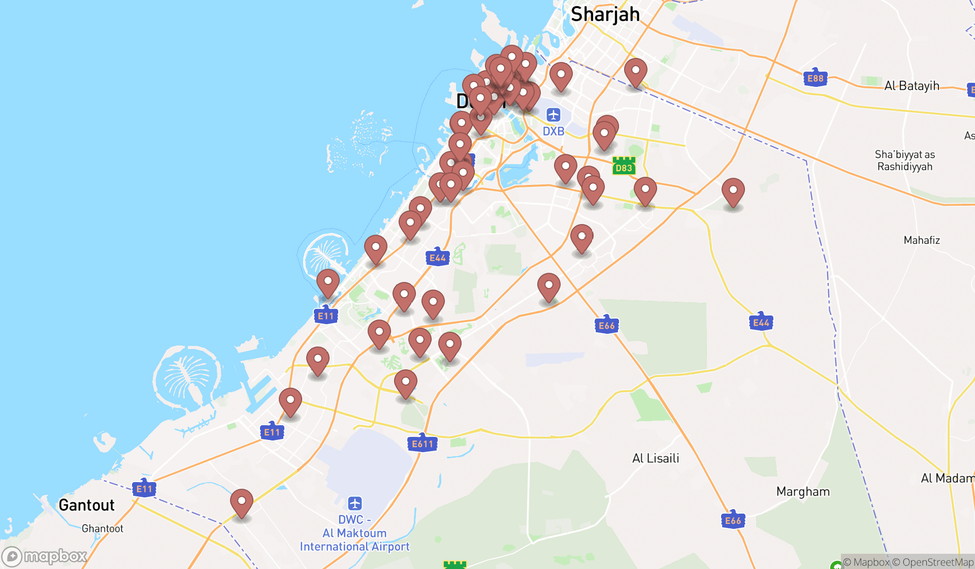 Map showing the search results in Dubai