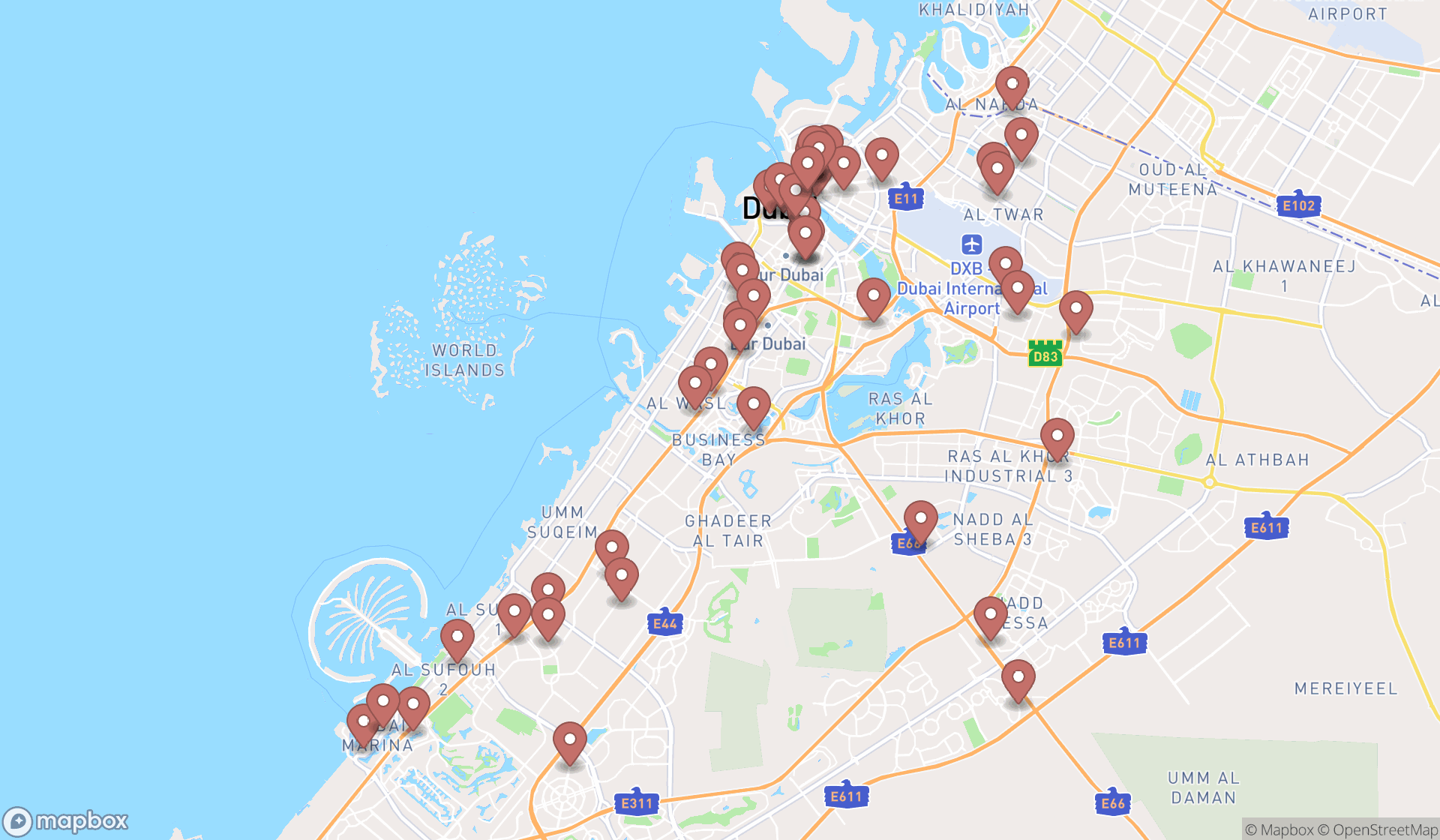Map showing the search results in Dubai