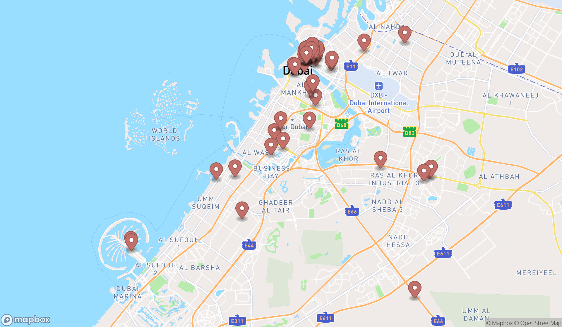 Map showing the search results in Dubai