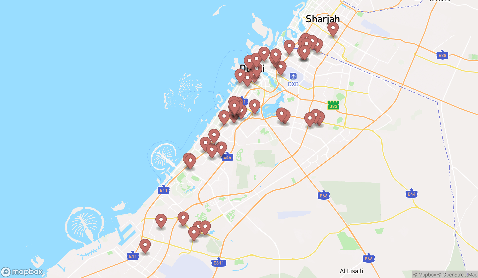 Map showing the search results in Dubai