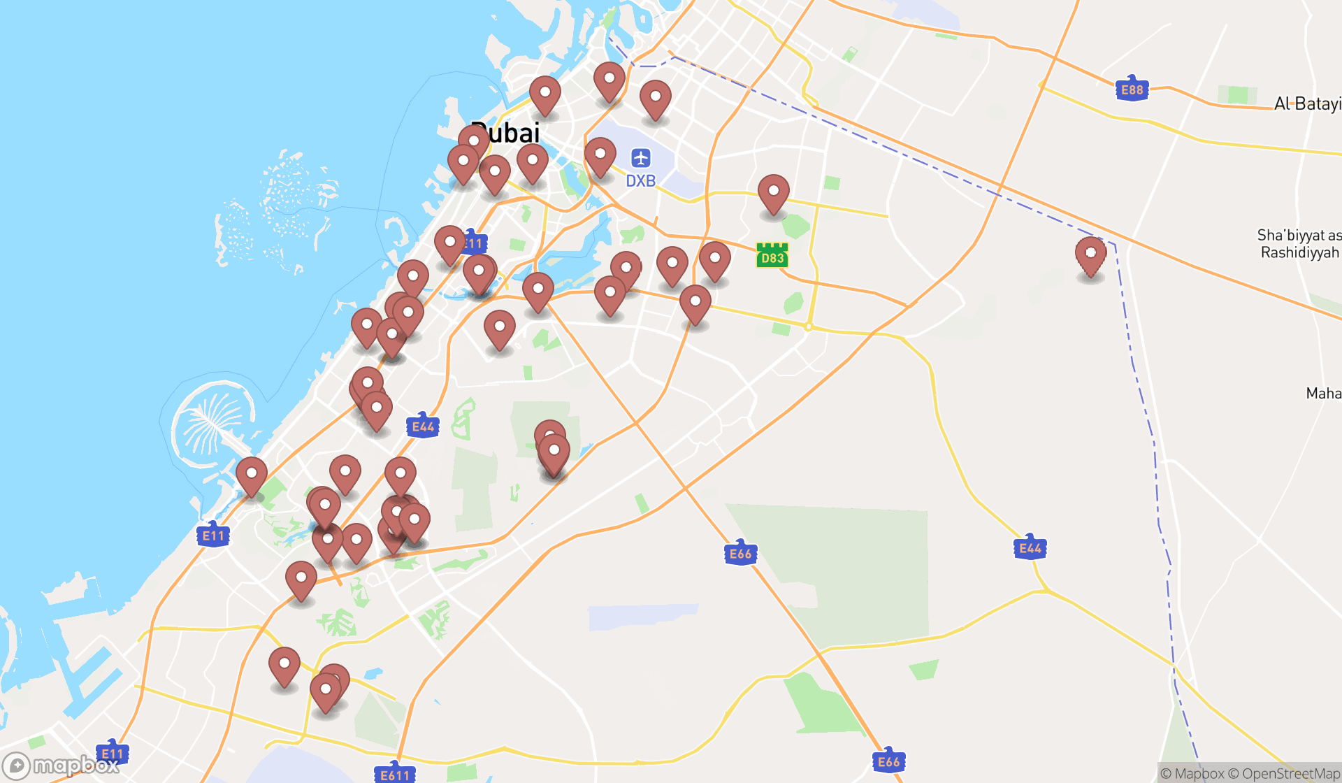 Map showing the search results in Dubai