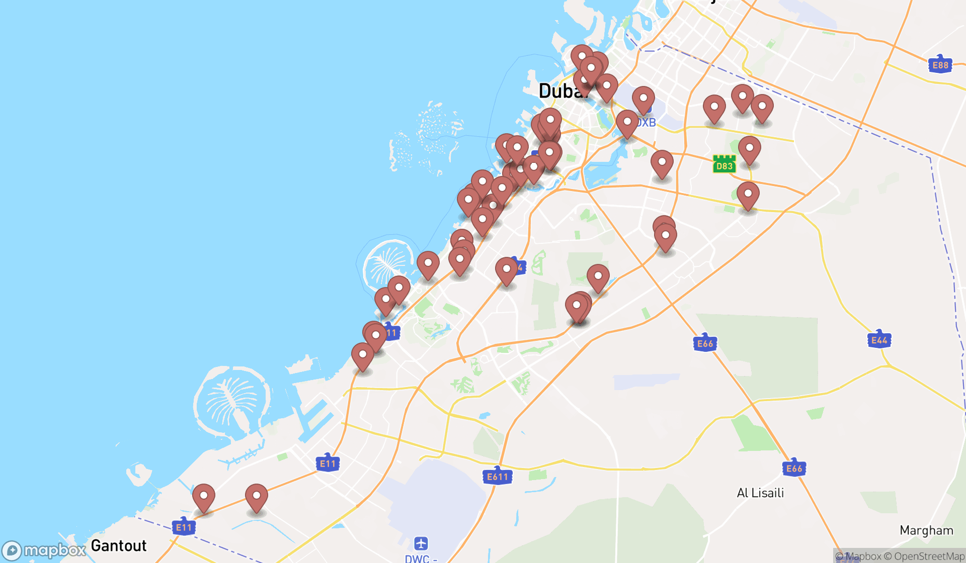 Map showing the search results in Dubai