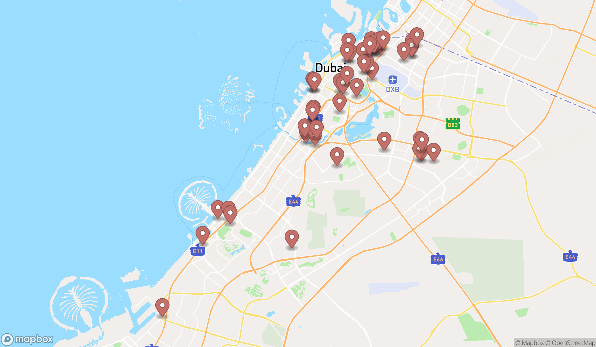 Map showing the search results in Dubai