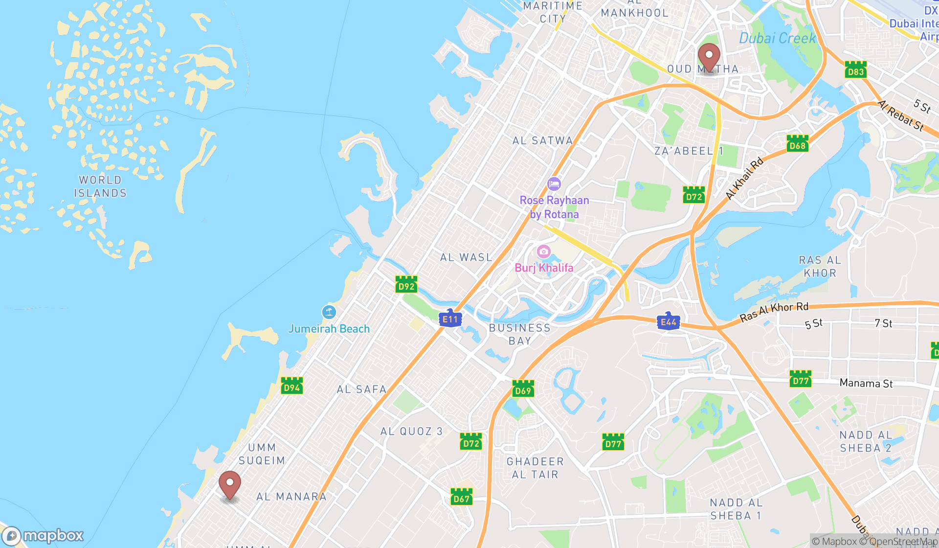 Map showing the search results in Dubai